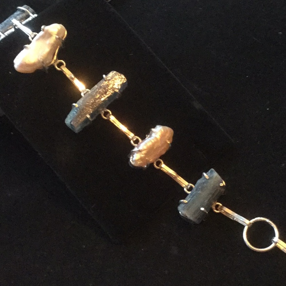 Unique Genuine Kyanite & Natural Pearls Bracelet - Picture 7 of 8
